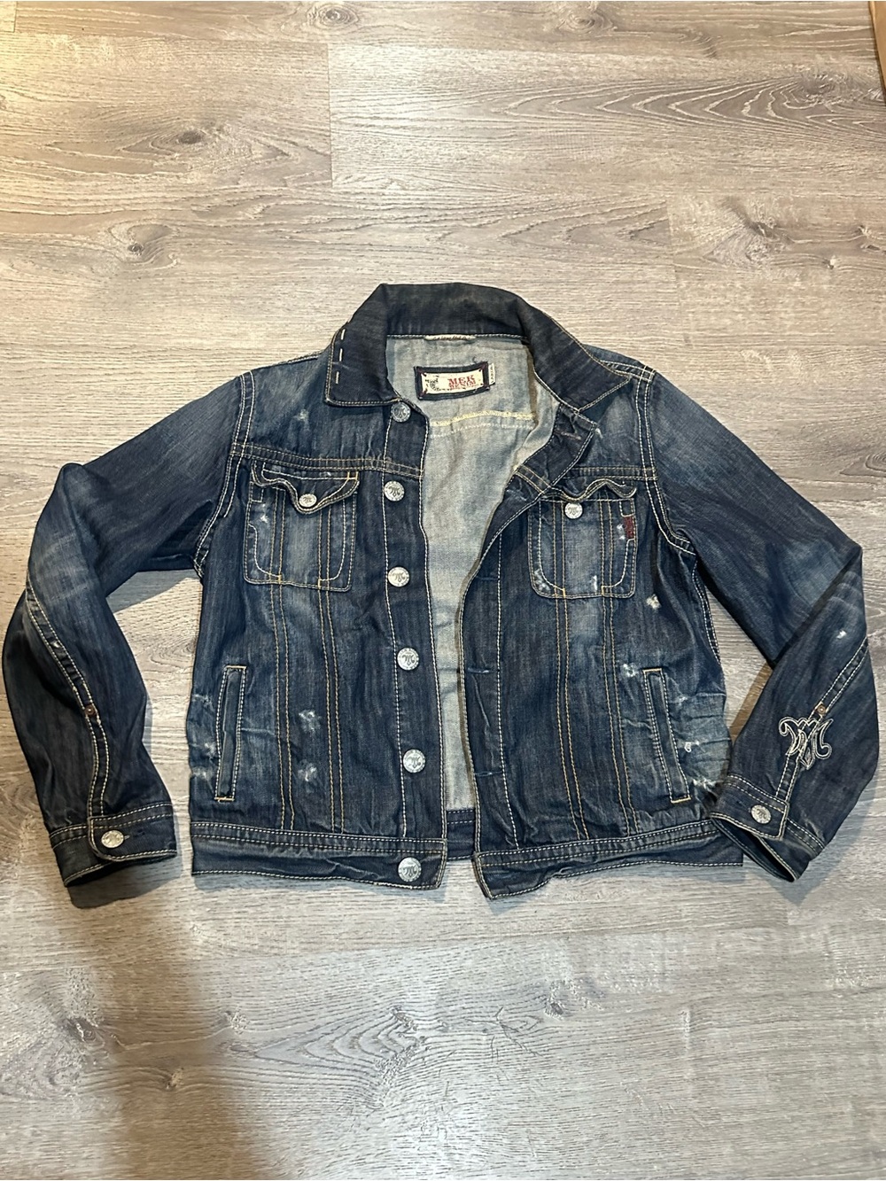 MEK Denim Vintage Blue Denim Jacket Size L – Distressed Y2K Streetwear